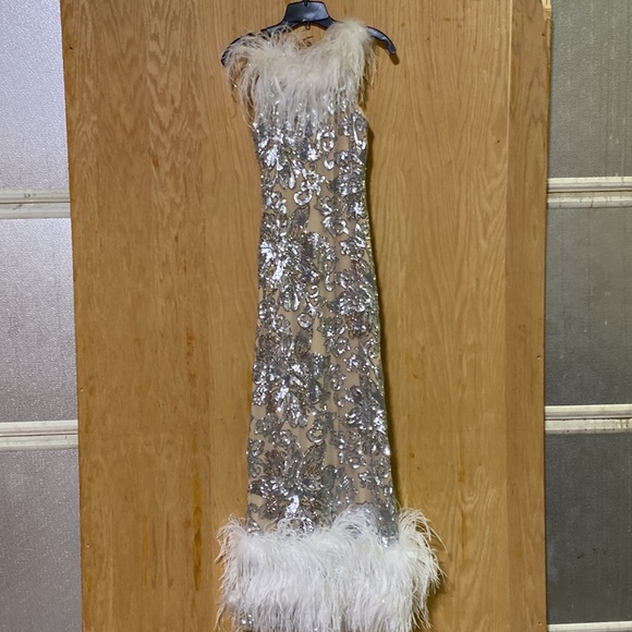 Who doesn’t need some feathers in their life? Beautiful silver cream formal - Picture 7 of 11